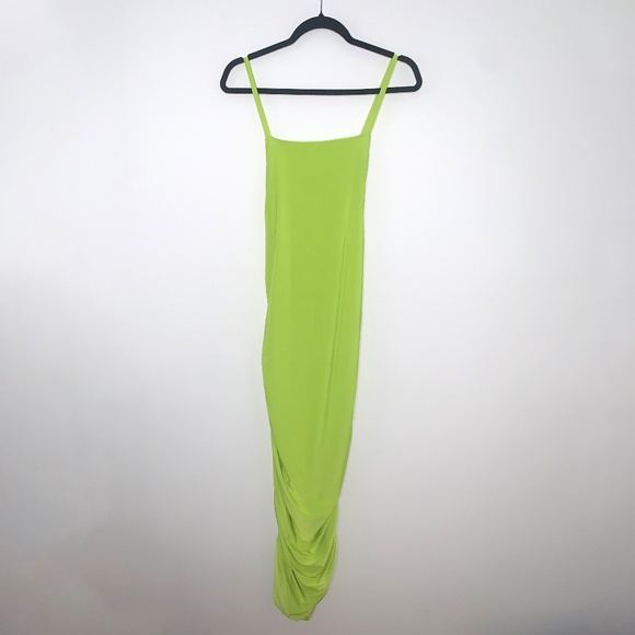 Neon Yellow, Midi, Bodycon Ruched Dress - Picture 8 of 8